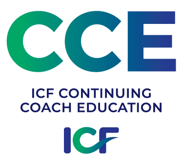 Logo suurte tähtedega CCE ülaosas, "ICF CONTINUING COACH EDUCATION" sinise tekstiga keskel ja stiliseeritud ICF logo allosas - ideaalne koolitused või juhtimiskoolitus, mida pakub juhtiv koolitusfirmad.